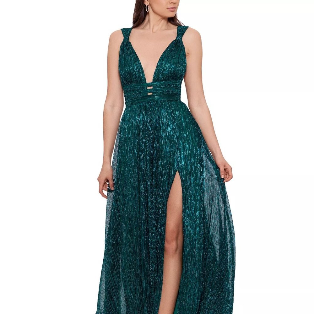 BETSY & ADAM Women's V-Neck Metallic Crinkle A-Line Dress Emerald Size 6